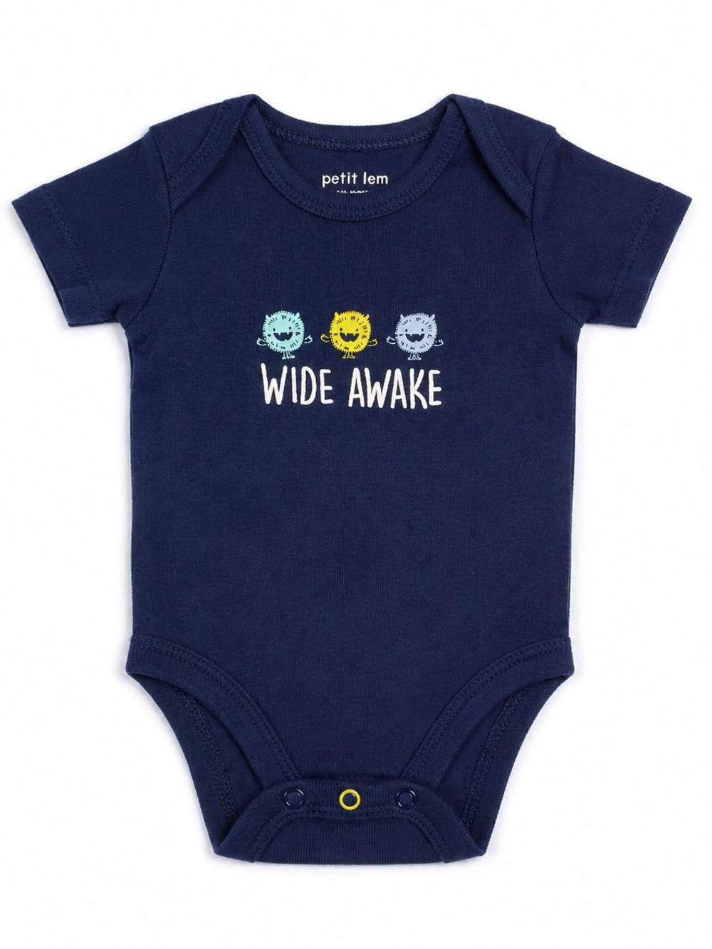 Petit Lem Navy "Wide Awake" Short-Sleeve One-Piece with Multi-Color Faces - Picture 1 of 3
